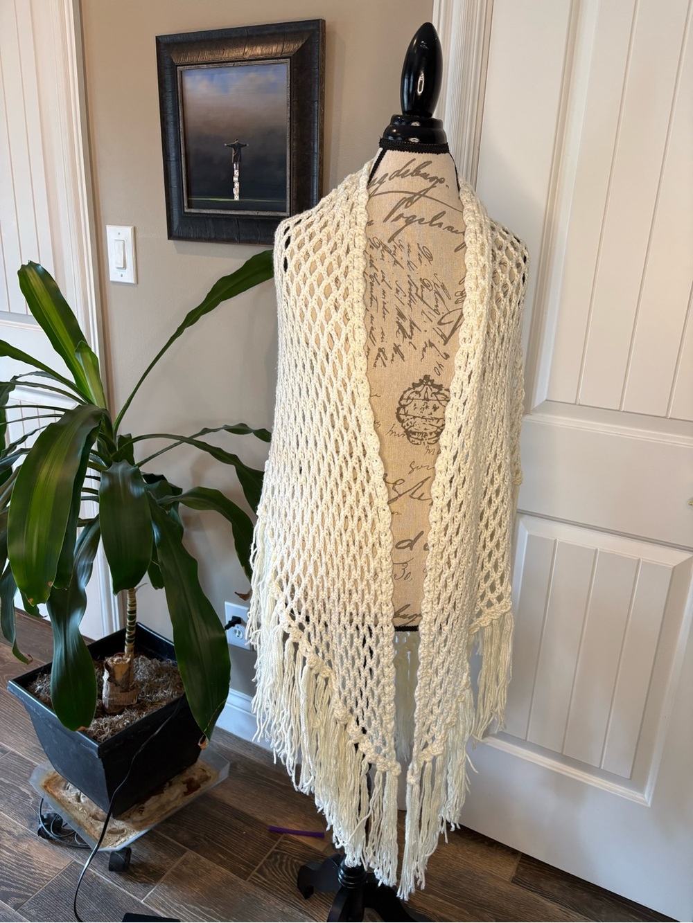 Cream Open-Knit Fringe Cape Shawl - Women's Jacket & Coat
